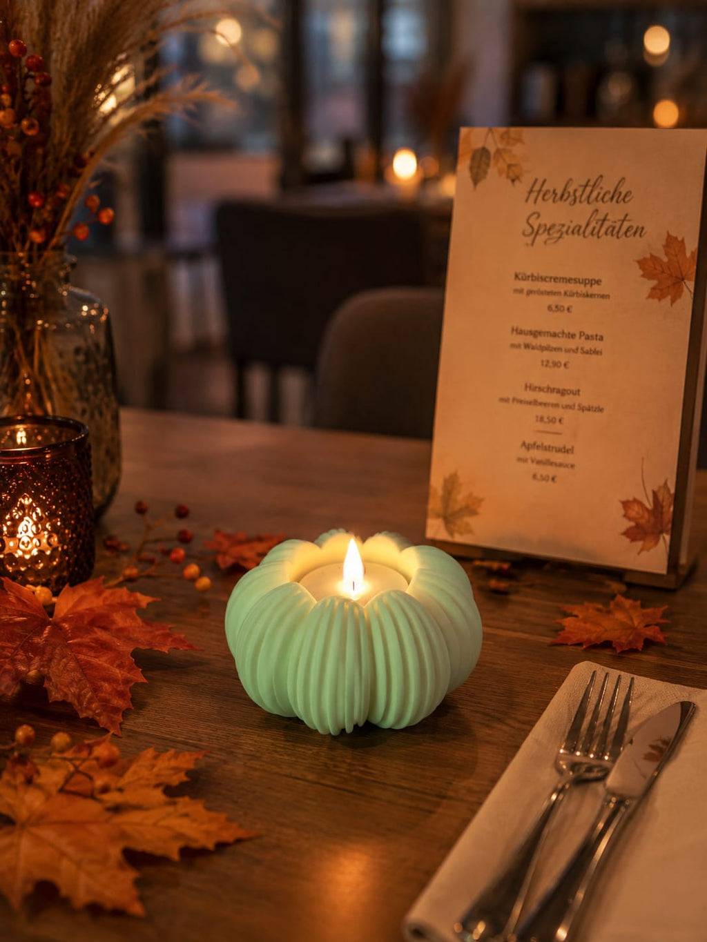 Herbstlicher Kürbis Teelichthalter | LED Kerzenhalter | Herbstdeko | Tischdeko | Kürbis Deko | verschiedene Farben