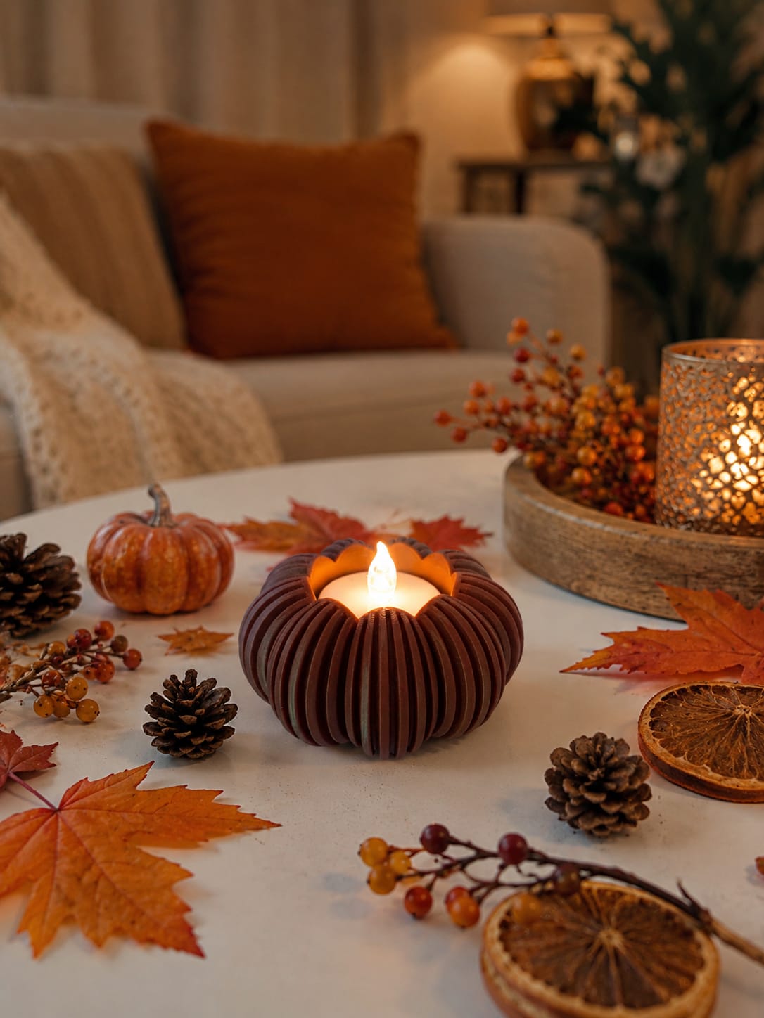 Herbstlicher Kürbis Teelichthalter | LED Kerzenhalter | Herbstdeko | Tischdeko | Kürbis Deko | verschiedene Farben