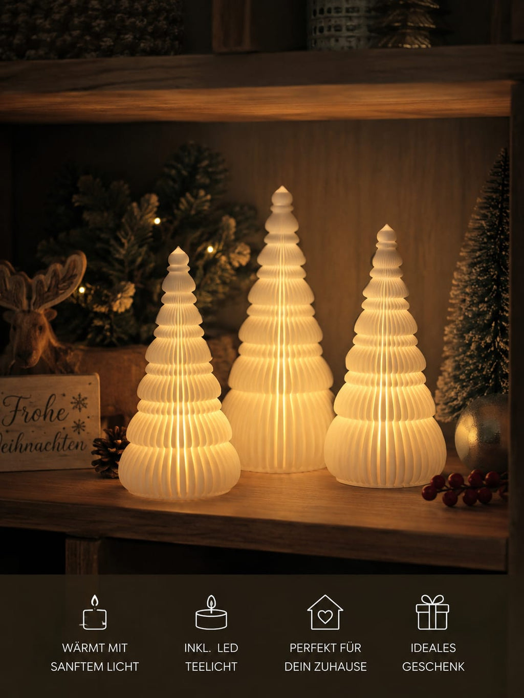 Leuchtender Weihnachtsbaum mit LED | Weihnachtsdeko in 3 Größen | einzeln oder als 3er-Set | Dekobaum Weiß