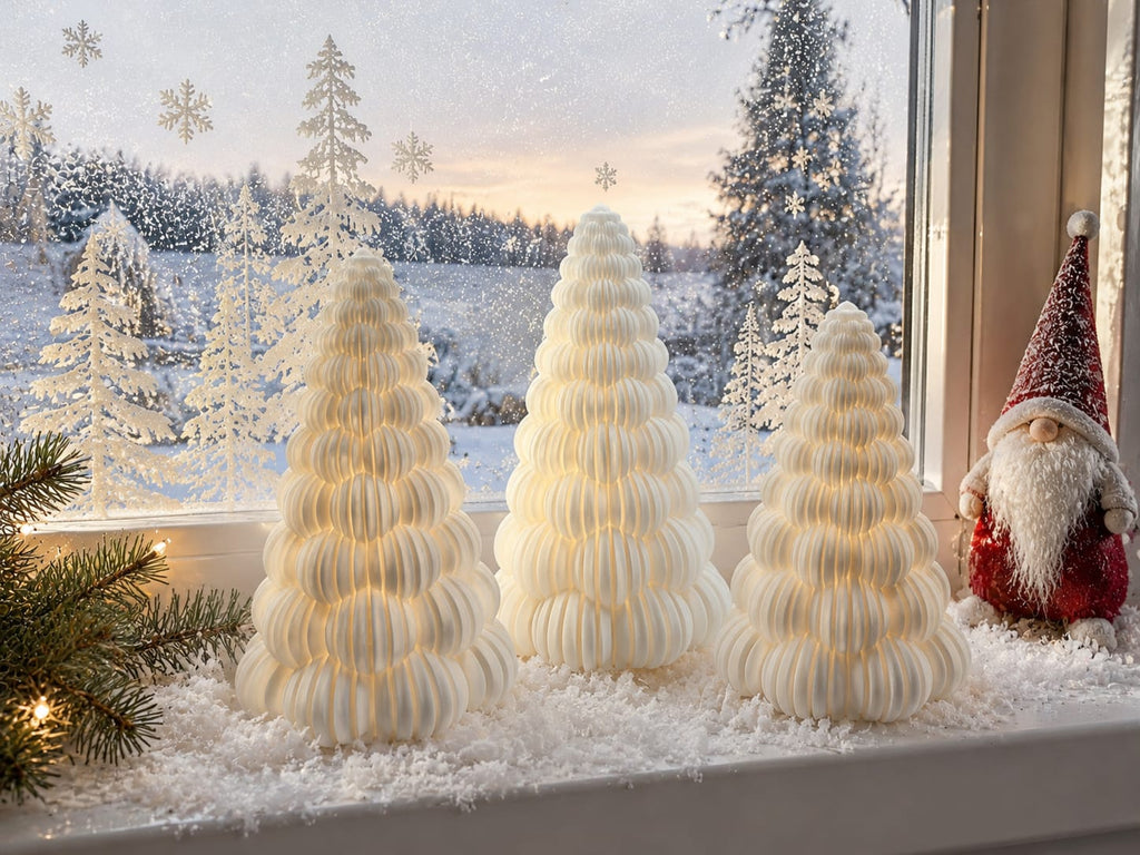 Leuchtender Bubble Weihnachtsbaum mit LED | Gerippte Weihnachtsdeko in Weiß | 5 Größen und 3er-Sets | Winterdeko Geschenkidee