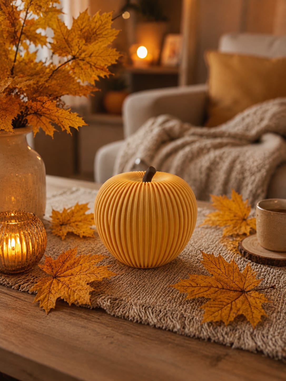Gerippter Deko-Apfel mit LED | Herbstdeko & Halloween Deko | Leuchtender Apfel | Moderne Tischdeko | Geschenkidee Herbst