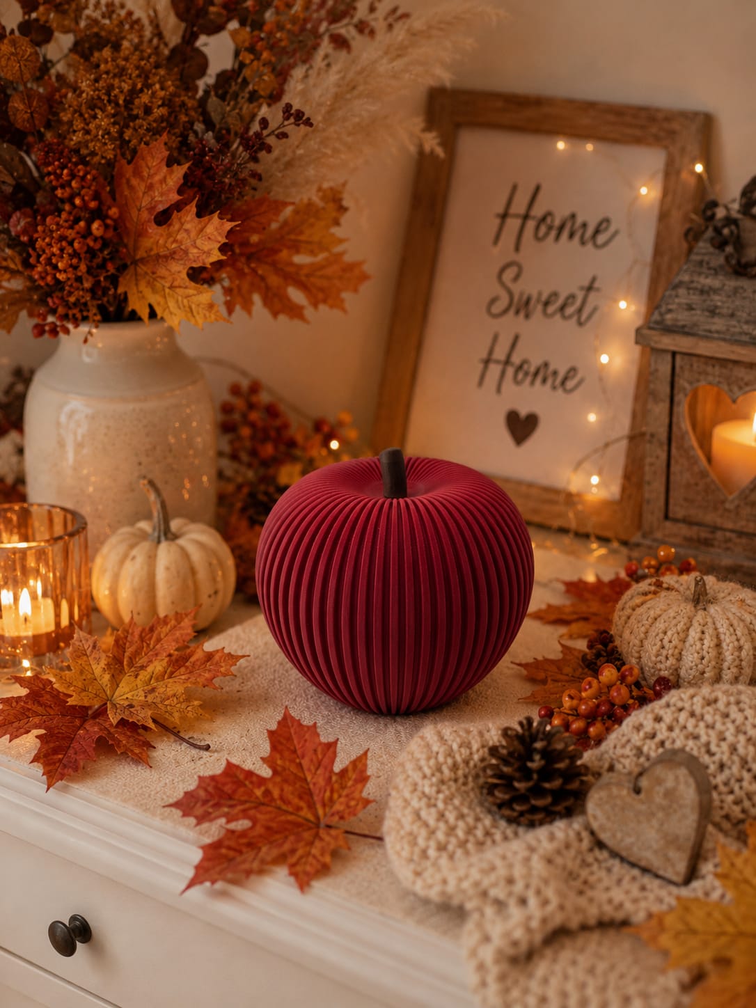 Gerippter Deko-Apfel mit LED | Herbstdeko & Halloween Deko | Leuchtender Apfel | Moderne Tischdeko | Geschenkidee Herbst