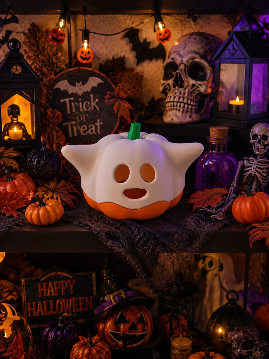 Halloween Kürbis Geist mit LED-Licht | Leuchtende Halloween Deko | Kürbisgeist | Fensterbank und Regal | Gruseldeko