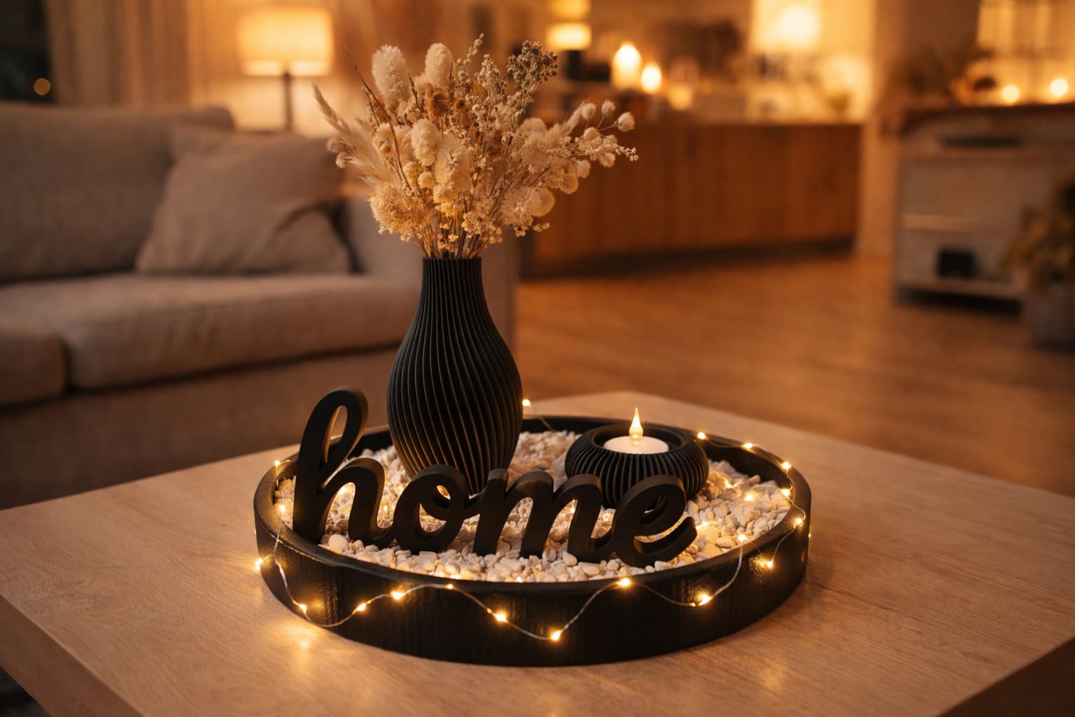 Modernes Wohndeko-Set „Home“ - Dekoschale, Vase, Home-Schild, Teelichthalter, LED-Kerze