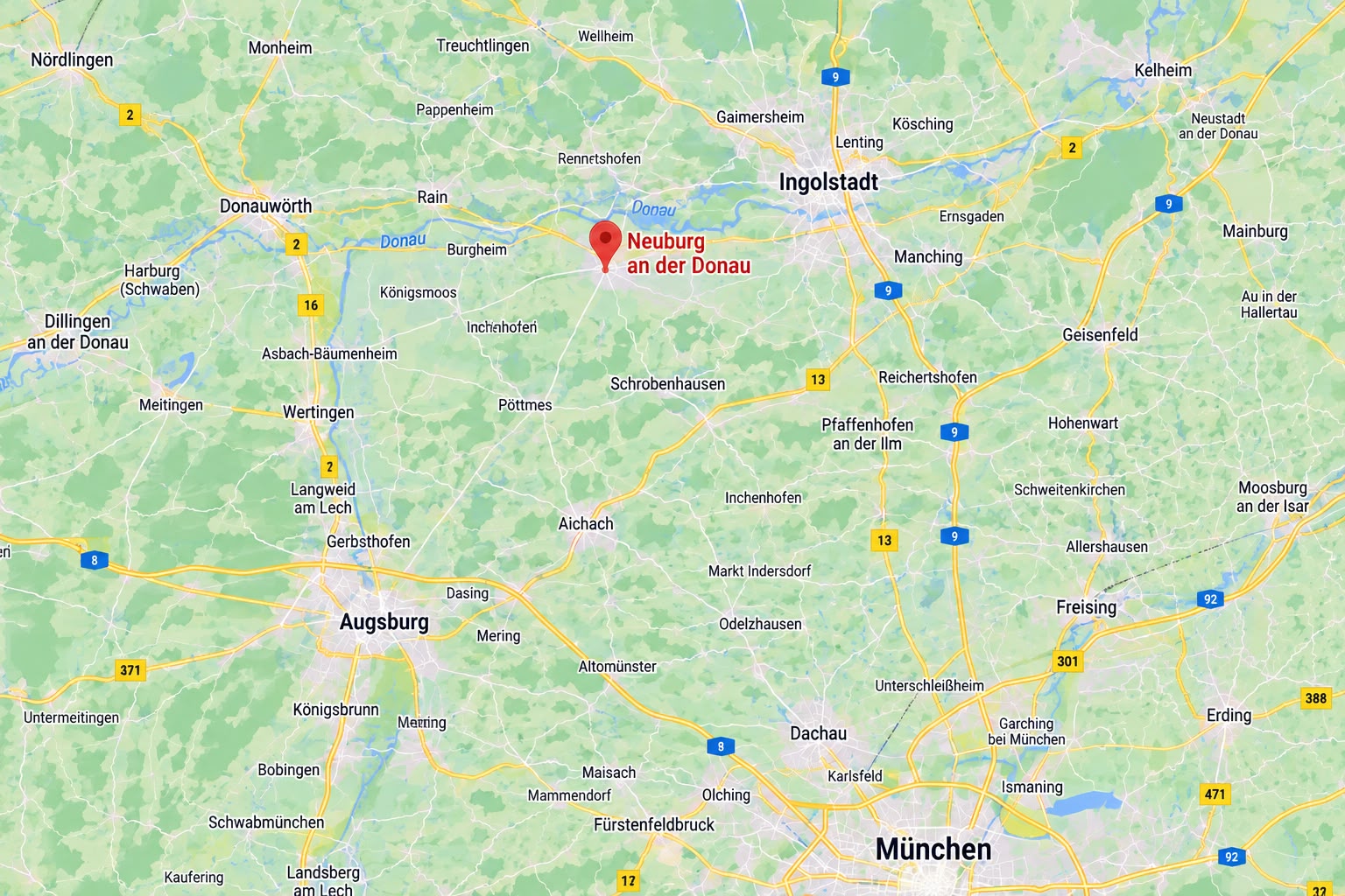 Standort von Simba’s 3D in Neuburg an der Donau zwischen Augsburg, Ingolstadt und München